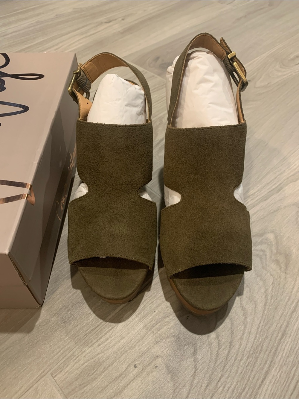 Crown Vintage Olive Suede Open-Toe Cutout Wedges
